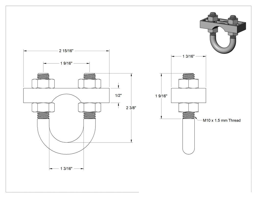 Teknik Çizim - Çinko Kaplı Çelik Sıkıştırma U-Cıvatası, M10 Diş Boyutu, 1-3/16" İç Çap