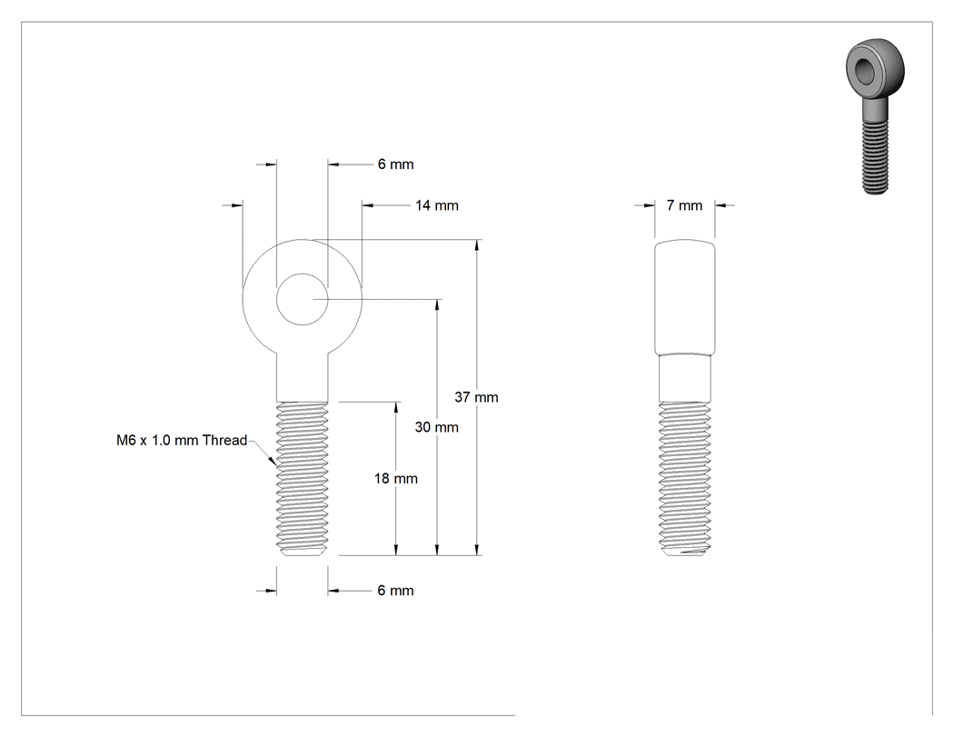 Teknik Çizim - Tam Gijon Ucu Cıvatası, Sağ Yönlü M6 x 1 mm Şaft, 30 mm Şaft Merkez Uzunluğu