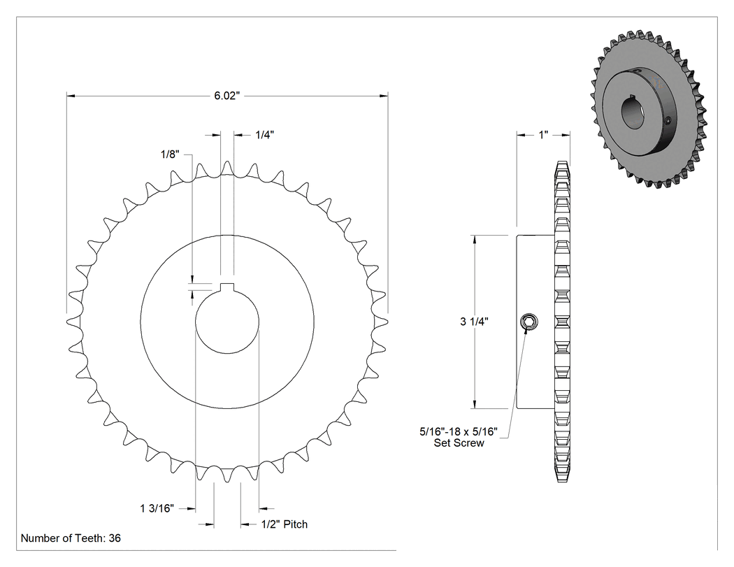 Teknik Çizim - Çelik Tek Sıralı Dişli, ANSI 40 Makaralı Zincir ve 1-3/16" Mil Çapı için, 36 Diş