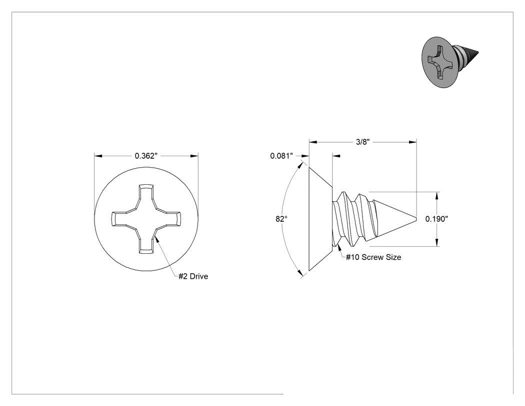 Teknik Çizim - Çinko Kaplı Çelik Phillips Havşa Başlı Vidalar, Sac Metal için, 10 Numaralı Boyut, 3/8" Uzunluk