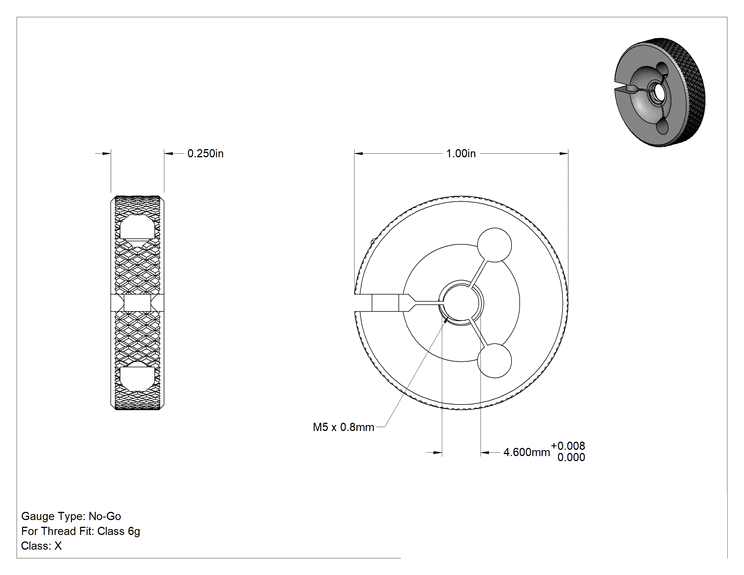Teknik Çizim - Kalibrasyon Sertifikalı Sol Dişli Halka Mastarı, Geçmez Mastarı, Sınıf 6G Dişli Uyum için, M5 x 0.8 mm Diş Boyutu