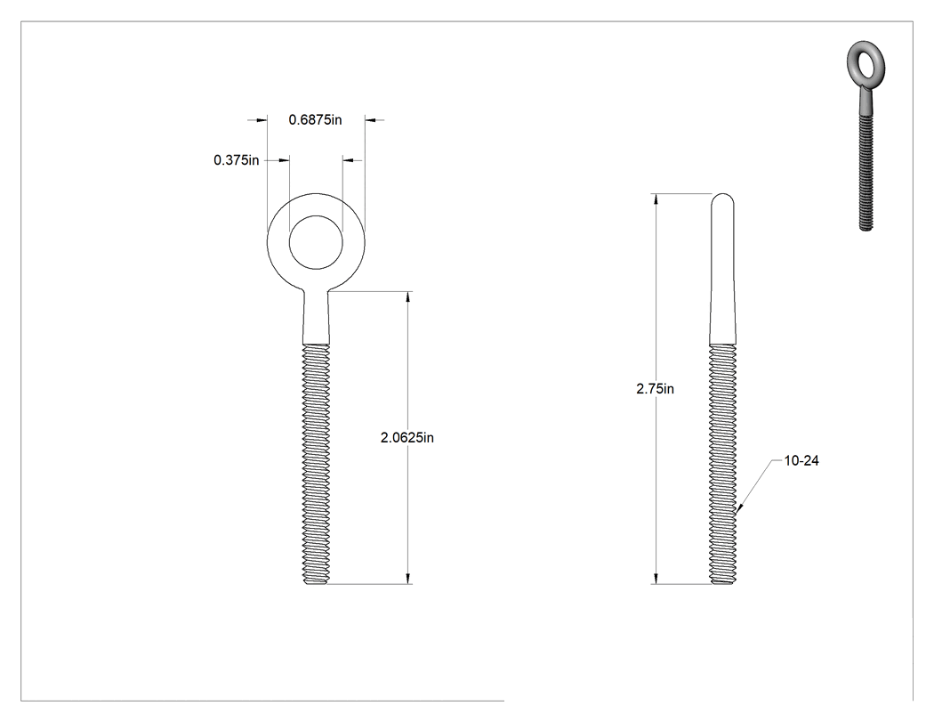 Teknik Çizim - 316 Paslanmaz Çelik Gerdirme - Kaldırma Amaçlı Değil, Sadece Kaynaklı Göz Uçlu Bağlantı Parçası, 10-24, Sol Yönlü Diş