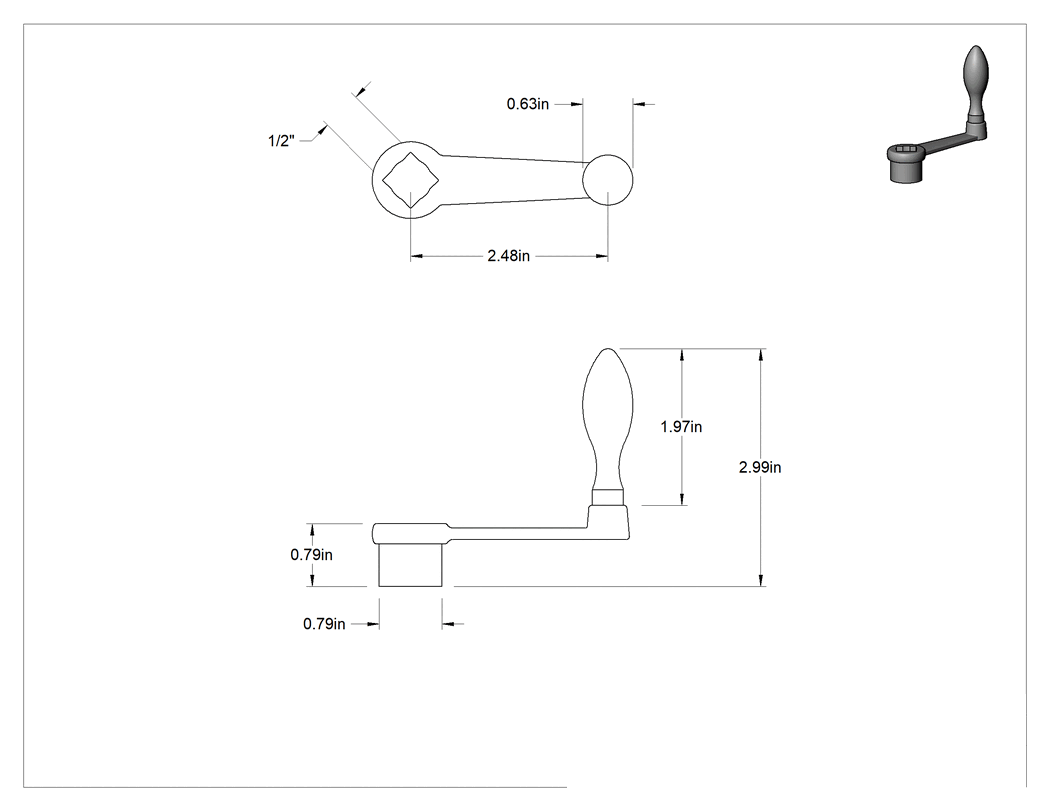 Teknik Çizim - Krank Kolu, 1/2" Kare Dişsiz Delik İçinden Montaj, 2-1/2" Sap Uzunluğu