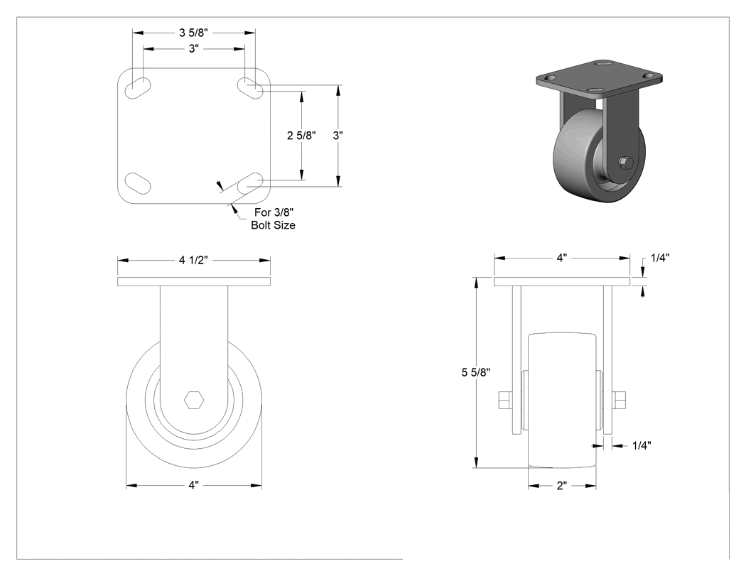 Teknik Çizim - 4-1/2" x 4" Montaj Plakalı Samson Tekerlek, 4 inç Çapında Siyah Kauçuk Tekerlekli Sert, Açık Rulman