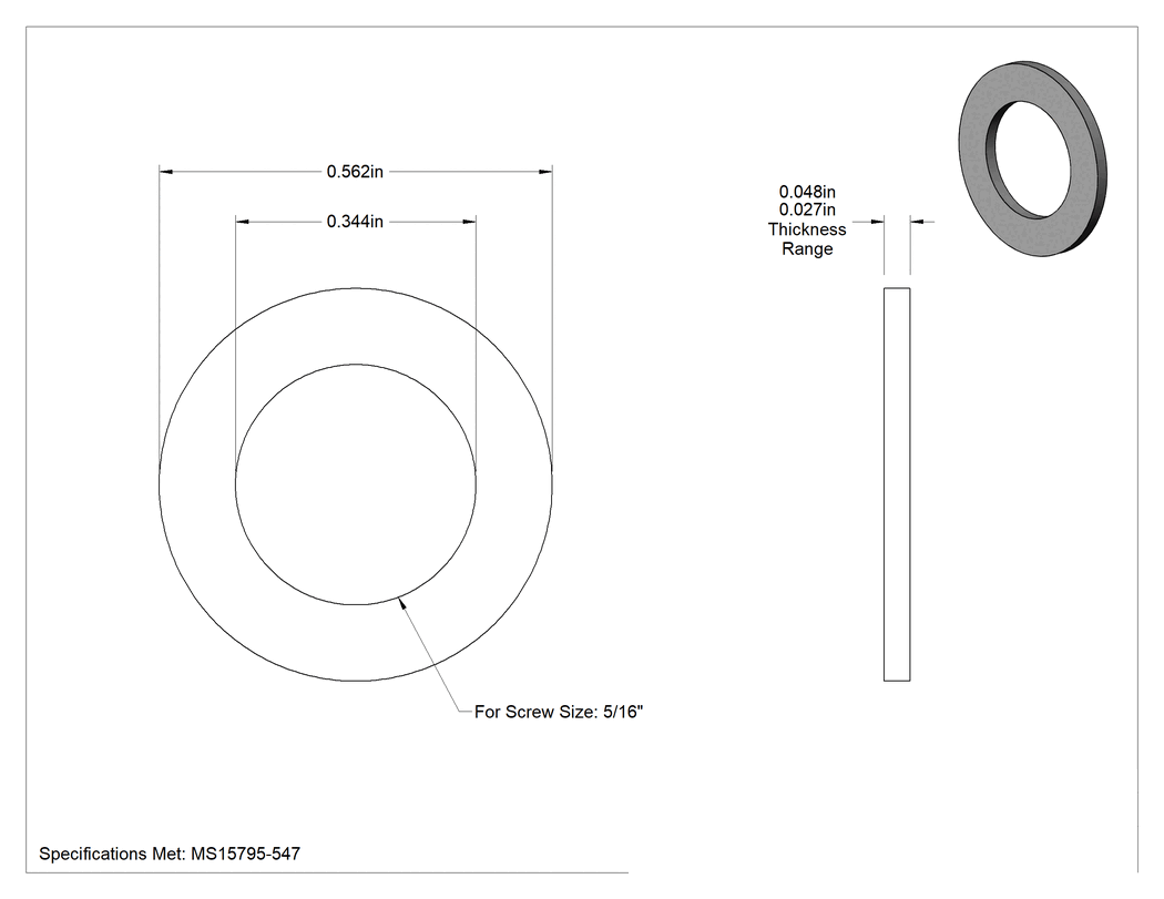 Teknik Çizim - Bakır Mil. Spec. Pul, 5/16" Vida Boyutu için, 0.344" İç Çap, 0.562" Dış Çap, MS15795-547