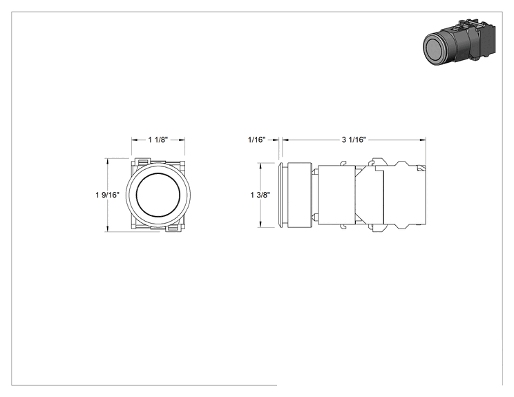 Teknik Çizim - Gömme Montajlı 30 mm Panel Montajlı Basmalı Düğme Anahtarı, 1 Devreli, Anlık, SPST-NC, Kırmızı