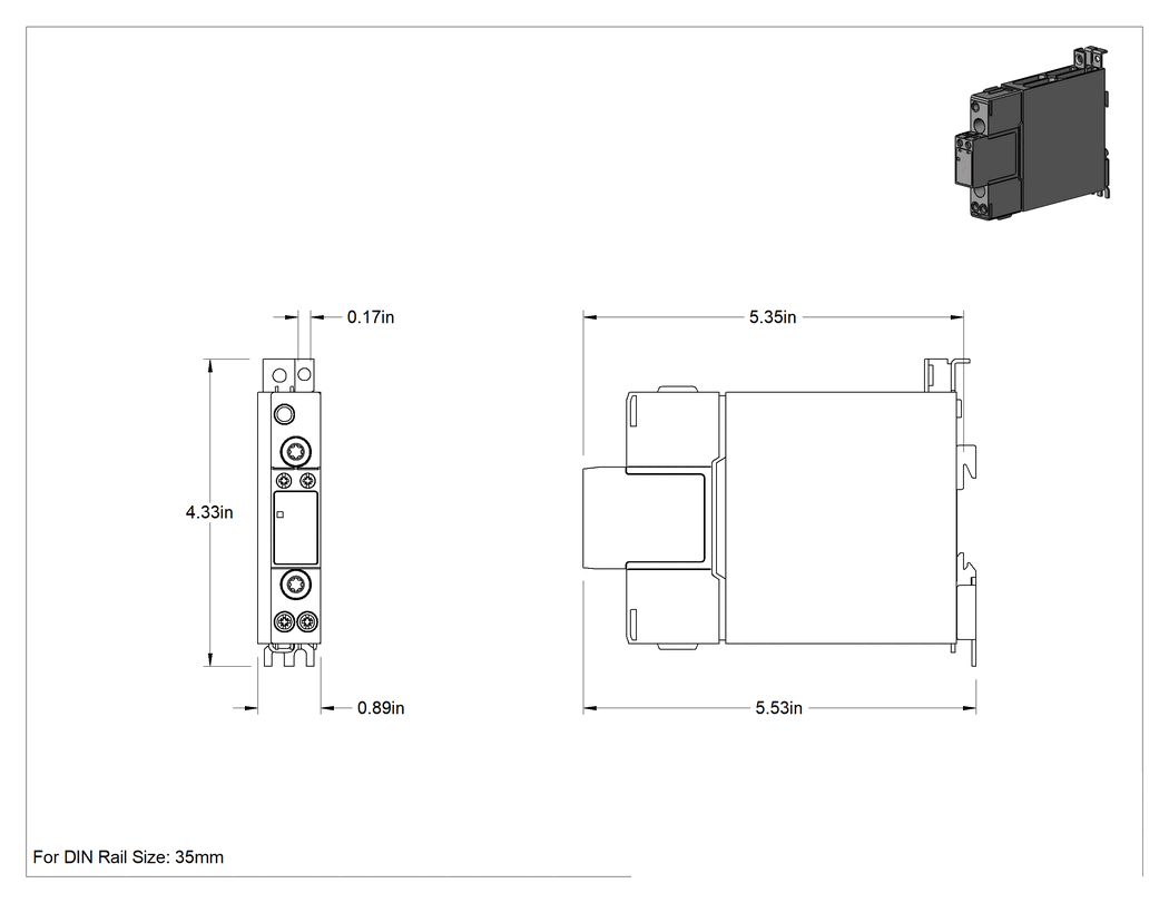 Teknik Çizim - Katı Hal Vidalı Klemensli Röle, DIN Rayı Montajı, SPST-NO, 3-30V DC Giriş, 30A @ 230V AC