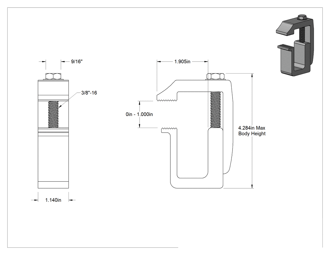 Teknik Çizim - Düşük Profilli C-Kelepçesi, Standart, 0" - 1" Açıklık