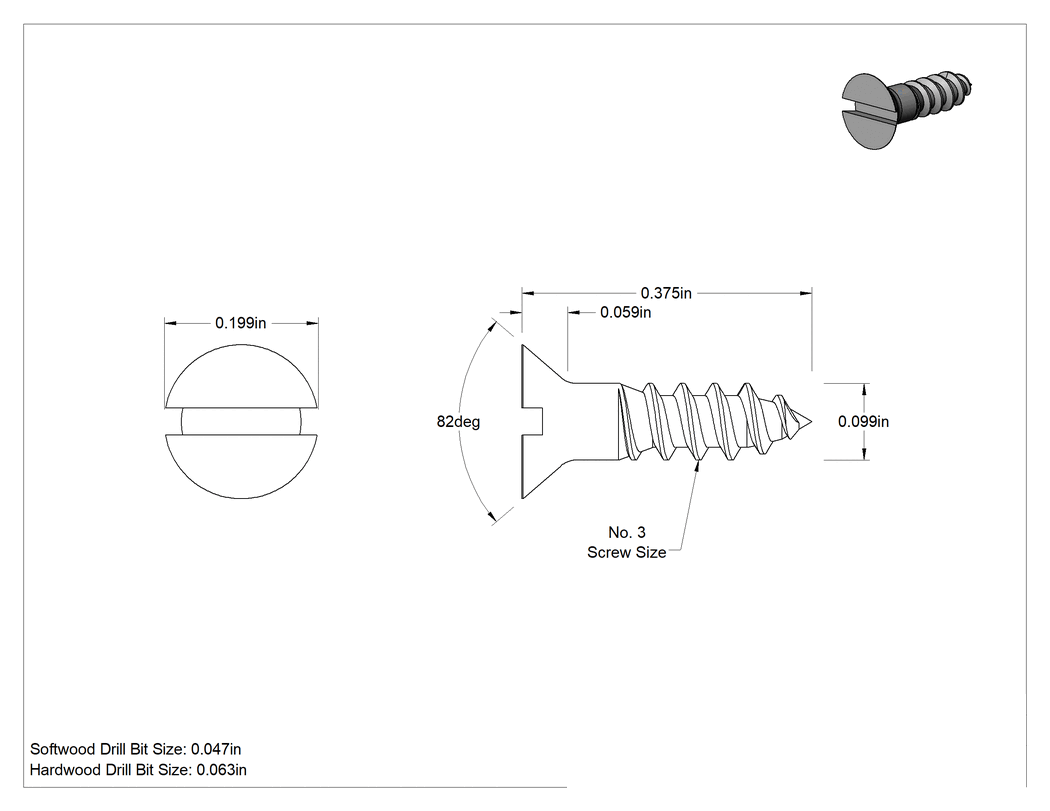 Teknik Çizim - Ahşap için Pirinç Oluklu Havşa Başlı Vidalar, 3 Boyutu, 3/8" Uzunluk