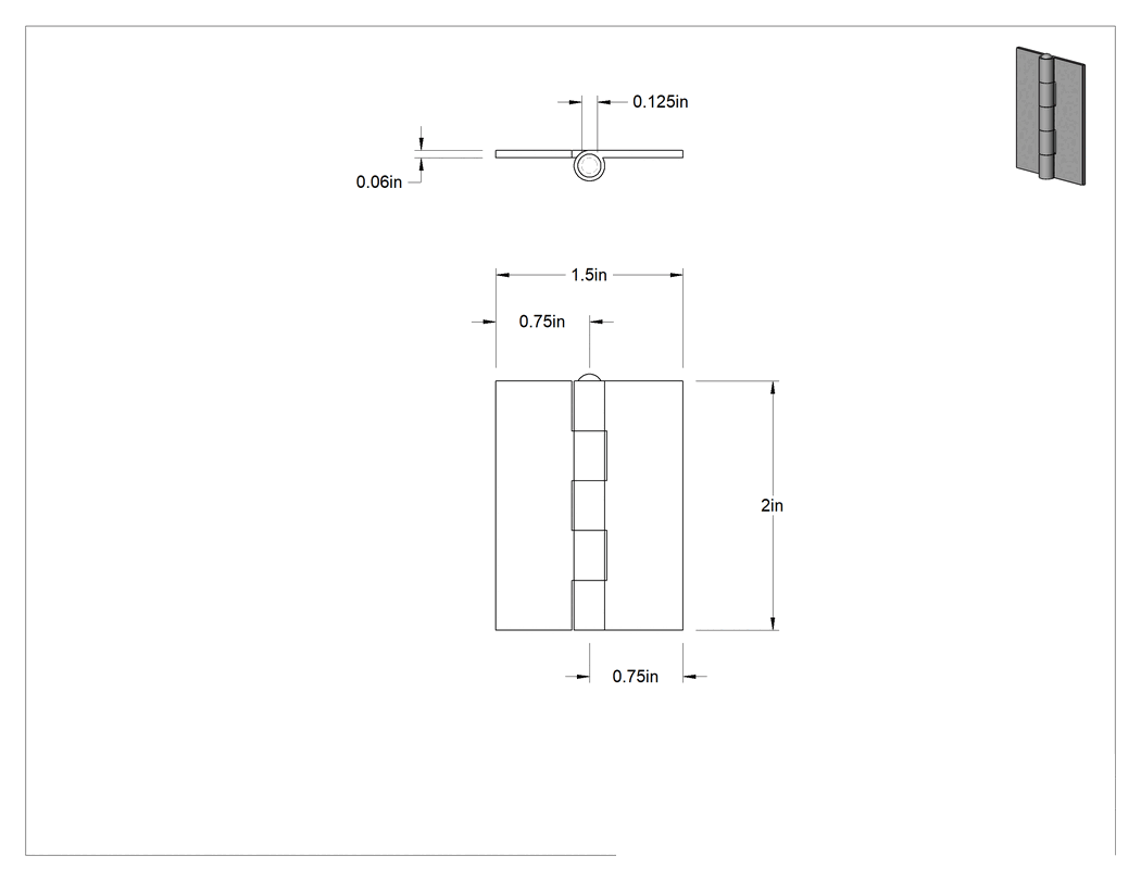 Teknik Çizim - Delikli Olmayan 304 Paslanmaz Çelik Menteşe, Çıkarılabilir Pim, 2" x 3/4" Kapı Kanadı, 0.060 inç Yaprak Kalınlığı