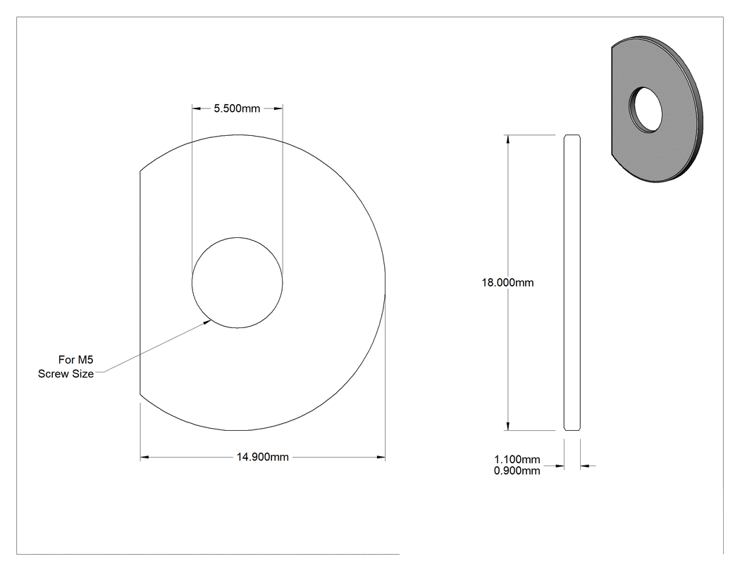 Teknik Çizim - Klipsli Pul, Çelik, M5 Vida için, 5.500 mm İç Çap, 18 mm Dış Çap