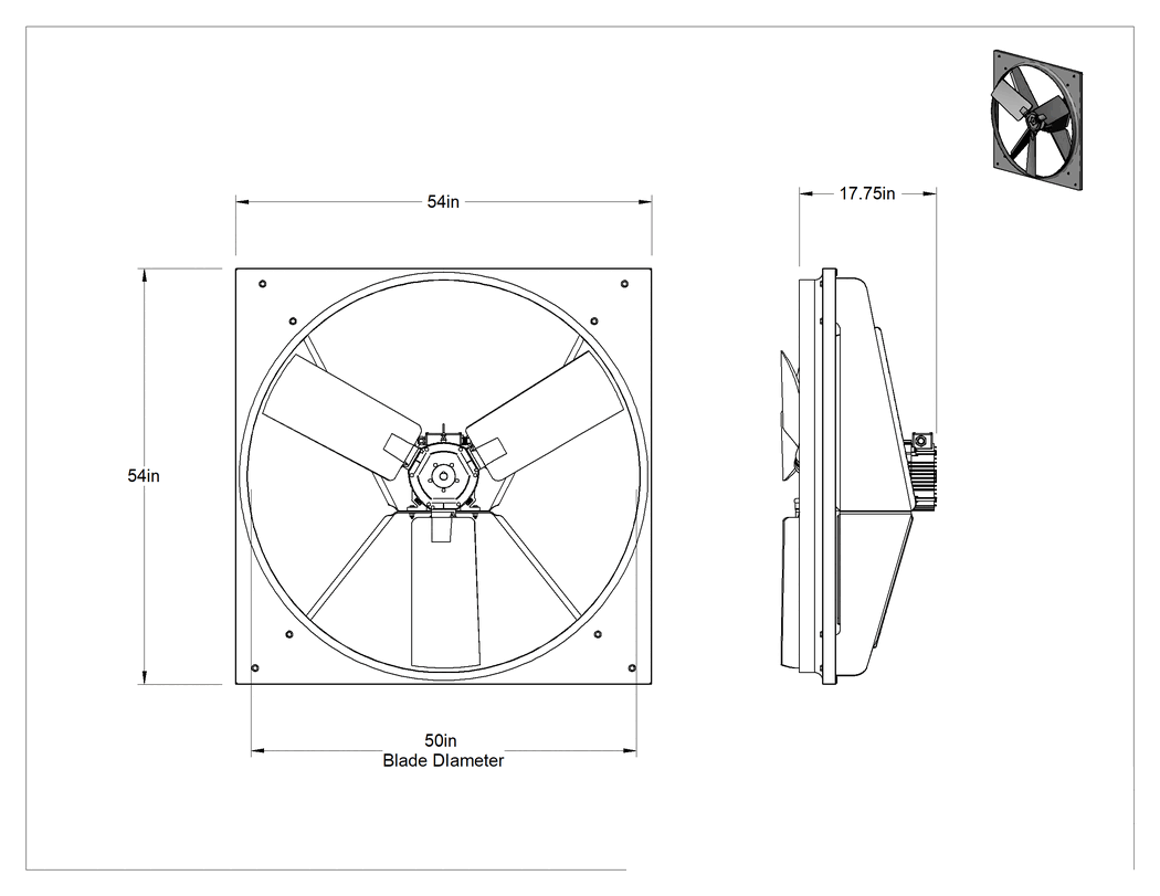 Teknik Çizim - Panel Fanı, Üç Fazlı, 50" Bıçak Çapı
