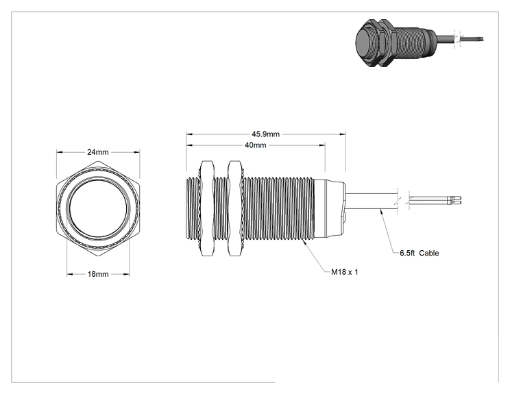 Teknik Çizim - DC Metal Nesne Yakınlık Anahtarı, Kablo Uçlu Gömme, 18 mm Çap, NPN, 1 açık