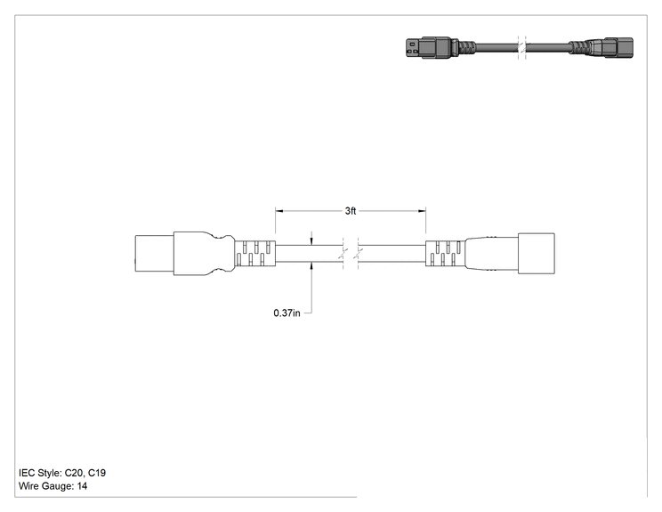 Teknik Çizim - Elektronik Ekipman Güç Kablosu, IEC C20 Fiş x IEC C19 Priz, 14 AWG, 3 Fit Uzunluk