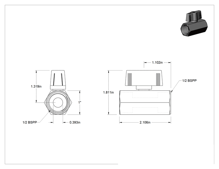 Teknik Çizim - Minyatür Krom Kaplı Pirinç Küresel Vana, T-Saplı, 1/2 BSPP Dişi x 1/2 BSPP Dişi