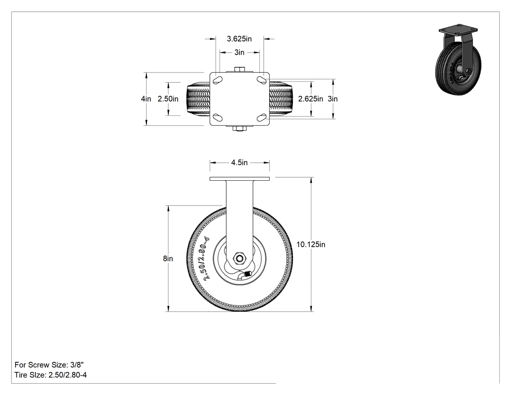 Teknik Çizim - 4-1/2" x 4" Plakalı Tekerlek, Sabit, 8" Çapında Gri Kauçuk Pnömatik Tekerlekli