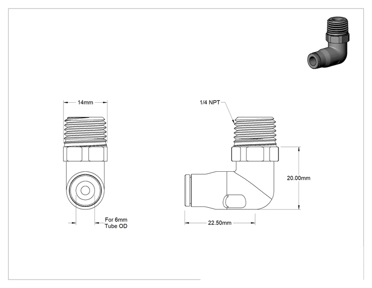 Teknik Çizim - Gıda ve İçecek için Paslanmaz Çelik Bas-Bağlan Bağlantı Parçası, 6 mm Dış Çaplı Boru x 1/4 NPT Erkek için Dirsek Adaptörü