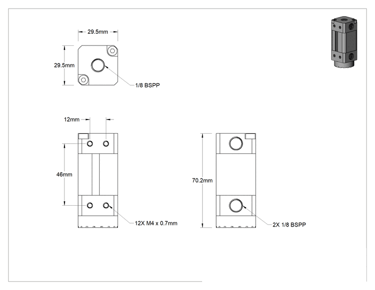 Teknik Çizim - Pnömatik Manyetik Tutucu, Sürtünme Halkalı, 70 mm x 30 mm x 30 mm Toplam