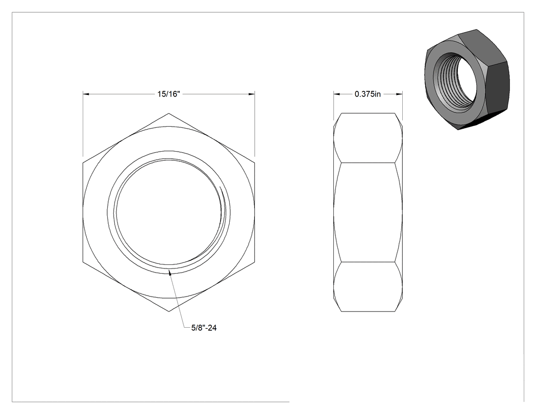 Teknik Çizim - Paslanma ve Aşınmaya Dayanıklı 18-8 Paslanmaz Çelik Altıköşe Somun, İnce Profil, 5/8"-24 Diş Boyutu