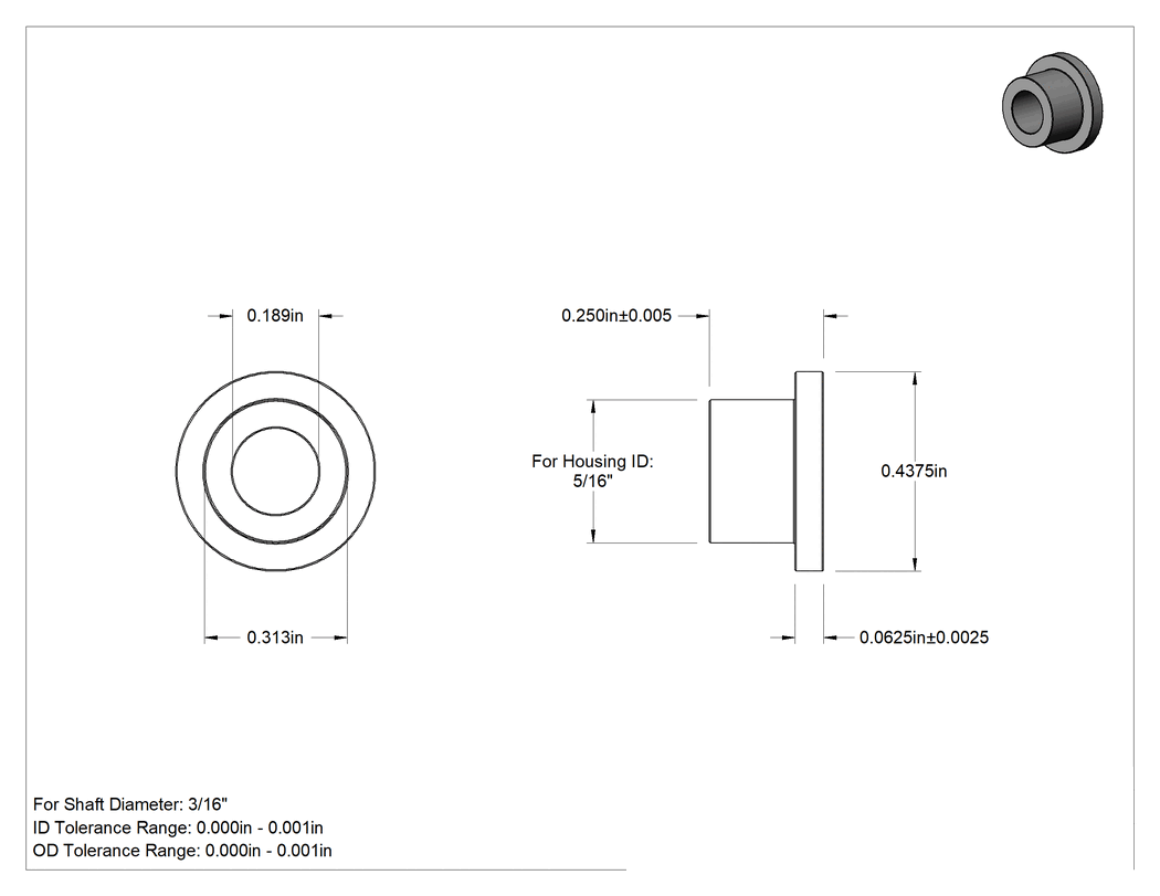 Teknik Çizim - Yağ Dolgulu 841 Bronz Flanşlı Burçlu Yatak, 3/16" Mil Çapı ve 5/16" Muhafaza İç Çapı için, 1/4" Uzunluk