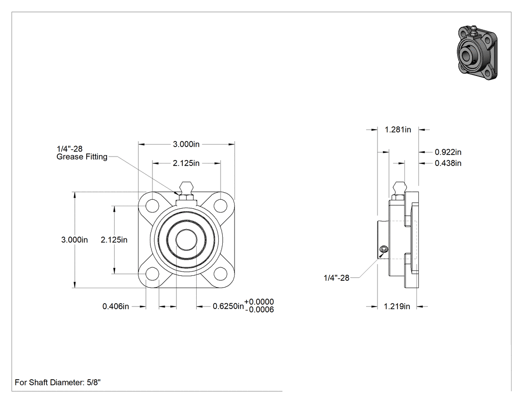 Teknik Çizim - Dört Cıvatalı Flanşlı Yüksek Sıcaklık Montajlı Bilyalı Rulman, 5/8" Mil Çapı için