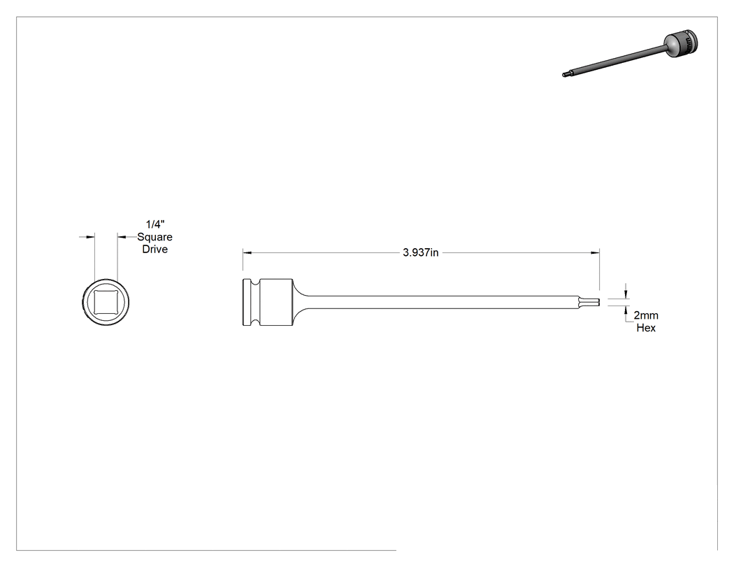 Teknik Çizim - Uzun Uçlu Darbeli Altıgen Uçlu Soket, 1/4" Kare Tahrik, 2 mm Tahrik Boyutu, 4" Toplam Uzunluk