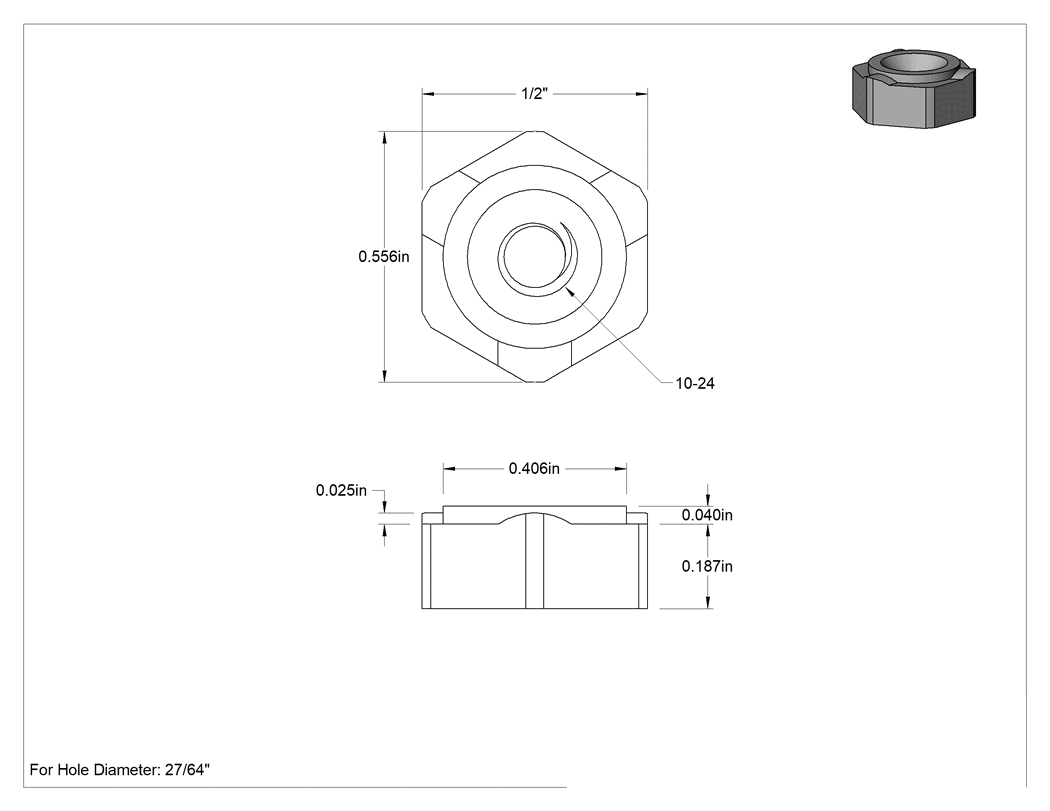 Teknik Çizim - Çelik Vida Kilitli Altıgen Kaynak Somunları, 10-24 Diş Boyutu, 1/2" Genişlik
