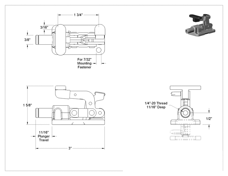 Teknik Çizim - Kilitleme Kolu ile Mandal Kelepçe, Kompakt, 560 lbs. Tutma Kapasitesi, 1/4"-20 Diş Boyutu