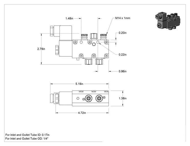 Teknik Çizim - Akış Kontrollü Hava Yön Kontrol Vanası, 5/2 Akış, 1 Solenoid, 11/64" İç Çaplı Boru için, 24V DC