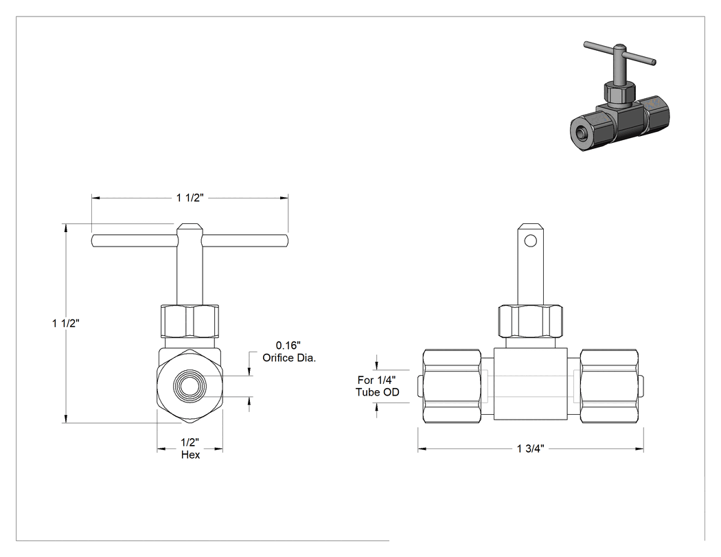 Teknik Çizim - Hassas Akış Ayar Valfi, Dişli Sıkıştırma Bağlantı Elemanlı, 1/4" Boru Dış Çapı için