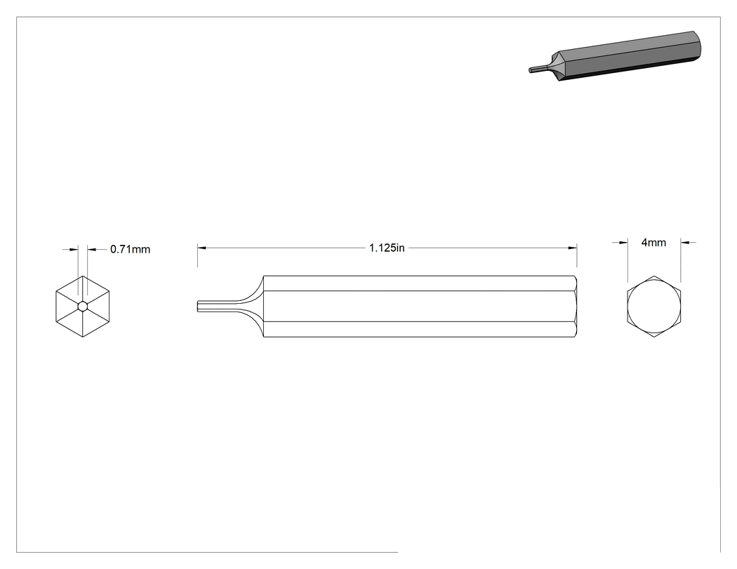 Teknik Çizim - 0.71 mm Altıgen Uç, 4 mm Altıgen Şaft