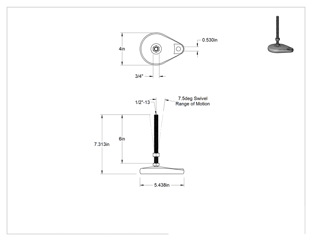 Teknik Çizim - Cam Dolgulu Naylon Sabit Dönen Seviyeleme Montaj Parçası, 6 inç Uzunluğunda 1/2"-13 Çinko Kaplı Çelik Saplamalı, 1 Ofset Delik