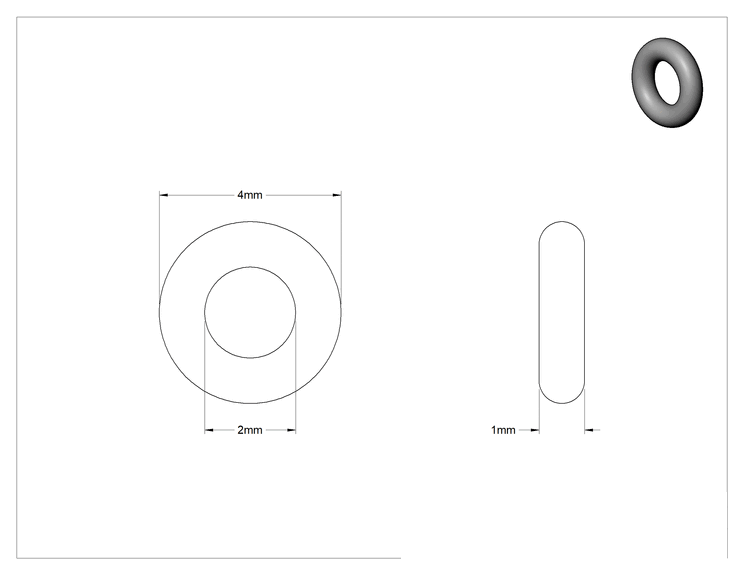Teknik Çizim - Kimyasallara Dayanıklı Viton® Floroelastomer O-Ring, Kahverengi, 1 mm Genişlik, 2 mm İç Çap