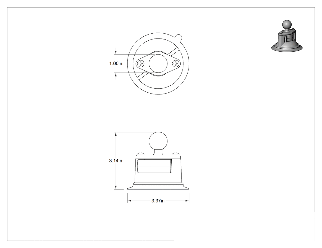 Teknik Çizim - 3-1/8" Top Tutucu Konumlandırma Kolu için Emme Tabanı