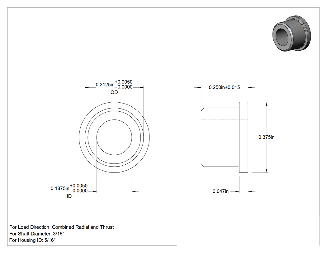 Teknik Çizim - Kuru Çalışan Naylon Burçlu Yatak, 3/16" Mil Çapı için, 1/4" Uzunluk, 3/8" Flanş Dış Çapı