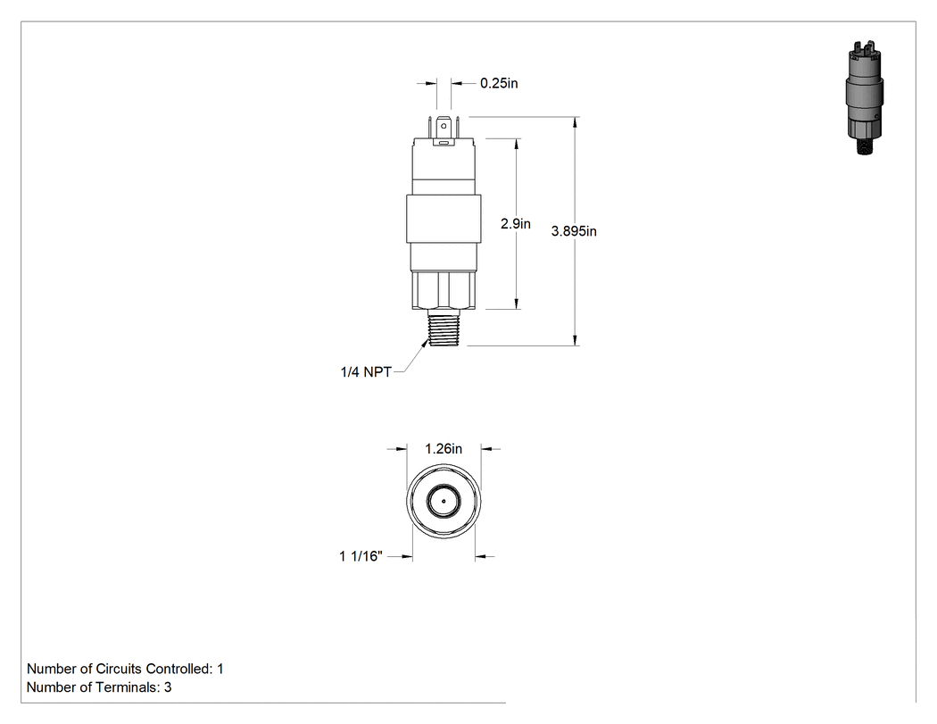 Teknik Çizim - Basınç Şalteri, Kompakt, Hızlı Ayırma, 1/4 NPT, 180-3000 PSI Ayar Noktası