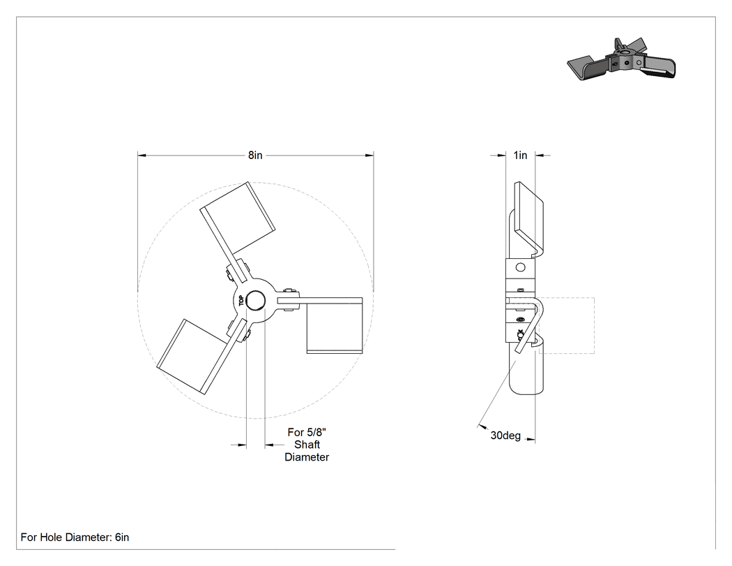 Teknik Çizim - Katlanabilir Karıştırıcı Pervanesi, Geniş Açıklıklar için, 5/8" Mil Çapı için, 8" Çap