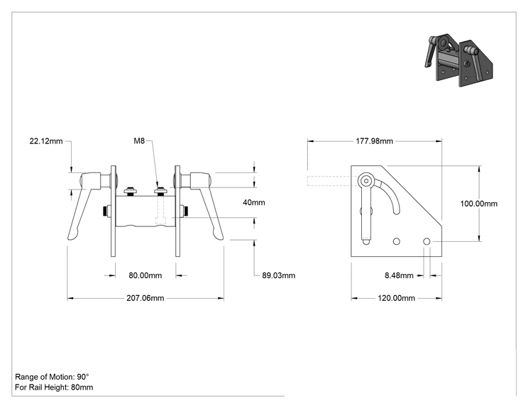Teknik Çizim - T-Yivli Çerçeve, Kilitleme Pivotu, 80 mm Yüksekliğinde Çift/Dörtlü Ray, 90 Derece Aralığı