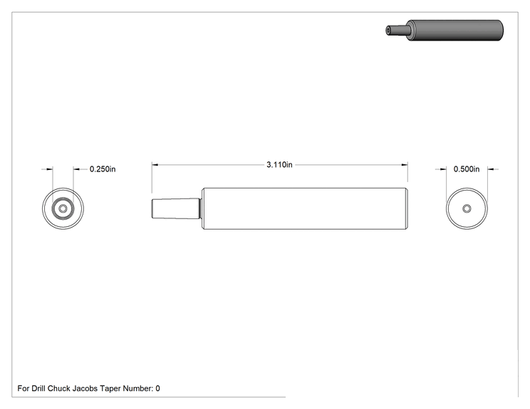 Teknik Çizim - Matkap Mandreni, 1/2" Çaplı Şaft, #0 Jacobs Mandren için, 3-7/64" Toplam Uzunluk