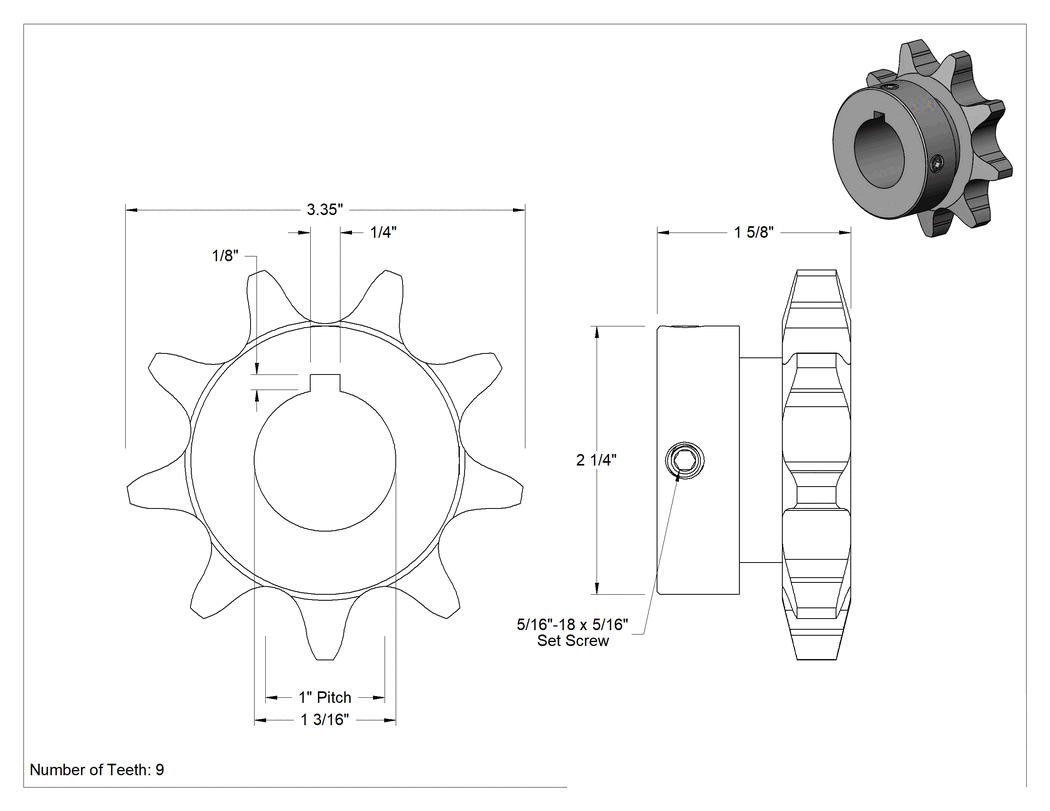 Teknik Çizim - Çelik Tek Sıralı Dişli, ANSI 80 Makaralı Zincir ve 1-3/16" Mil Çapı için, 9 Diş