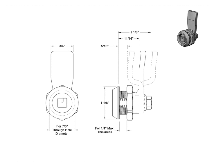 Teknik Çizim - Kare Tahrikli Kam Kilidi, 304 Paslanmaz Çelik, 1/4" Maksimum Kalınlık için
