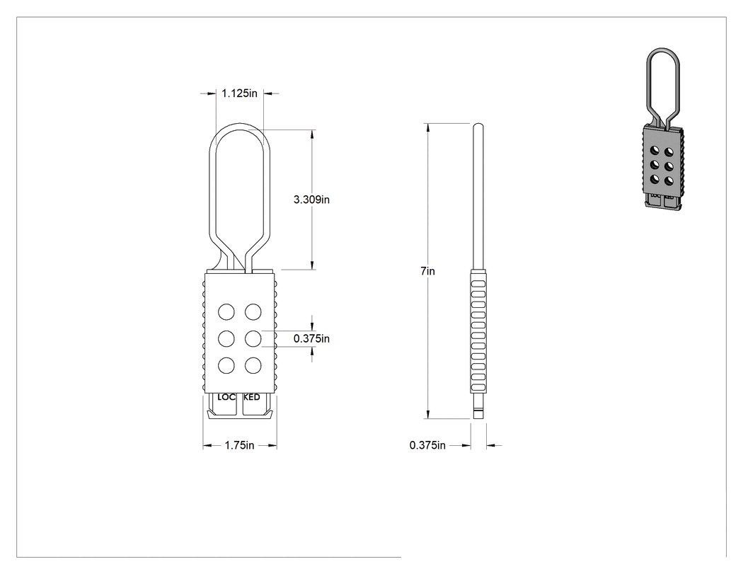Teknik Çizim - İletken Olmayan Kilitleme Mandalı, 3-1/2" Dikey x 1-1/4" Yatay Boşluk, 3/8" Mandal Kalınlığı