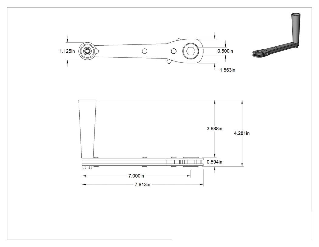 Teknik Çizim - Cırcırlı Dişsiz Delik İçinden Montajlı Krank Kolu, 1/2" Altıgen Delik Genişliği