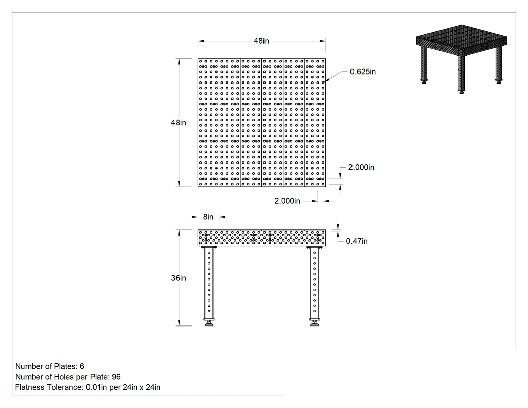 Teknik Çizim - Kaynak için Sabitleme Masası, Yarık, 48" Uzunluk x 48" Genişlik x 36" Toplam Yükseklik