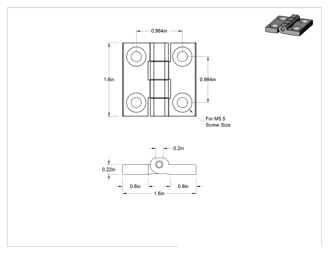 Teknik Çizim - Delikli Metal Dedektörü ile Tespit Edilebilir Menteşe, 1-9/16 inç Yükseklik x 9/16 inç Genişlik Kapı Kanadı