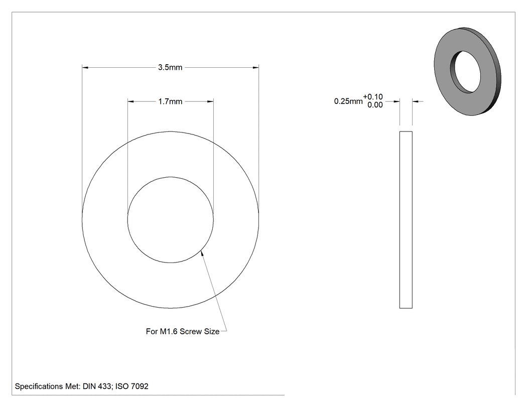 Teknik Çizim - Pirinç Küçük Boy Pul, M1.6 Vida Boyutu için, 1.7 mm İç Çap, 3.5 mm Dış Çap