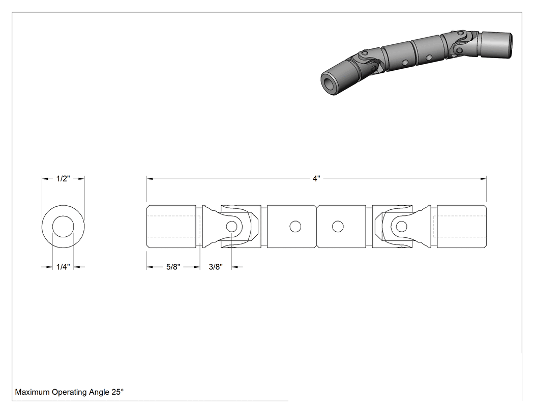Teknik Çizim - Çift U-Mafsal, 1/4" Çap x 5/8" Derinlikli Mil için