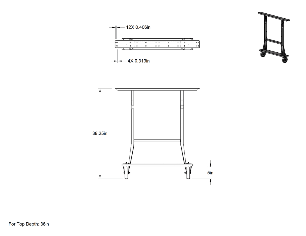 Teknik Çizim - Standart Hizmet Tipi Tezgah Ayağı, İki Sert Tekerlekli, 36" Üst Derinlik için