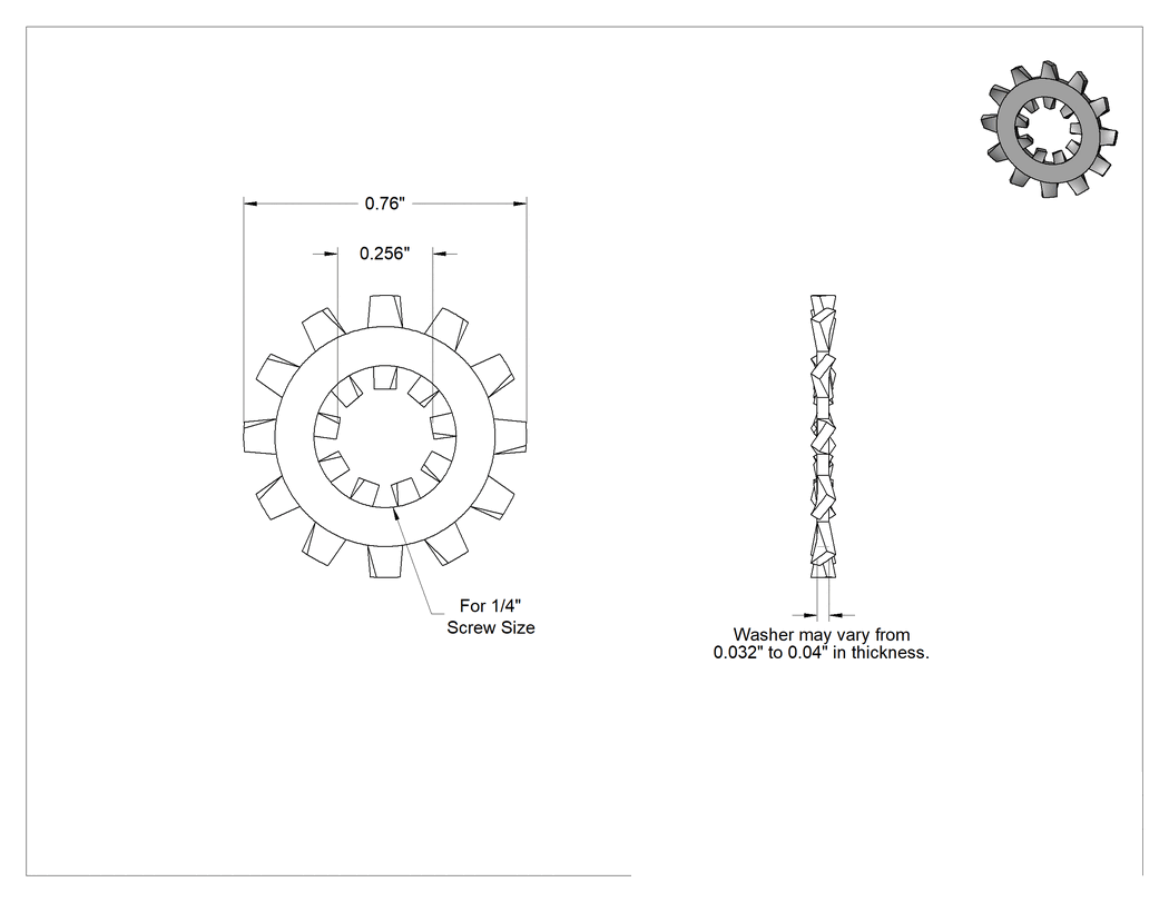 Teknik Çizim - 410 Paslanmaz Çelik İç ve Dış Dişli Kilit Pulları, 1/4" Vida Boyutu için