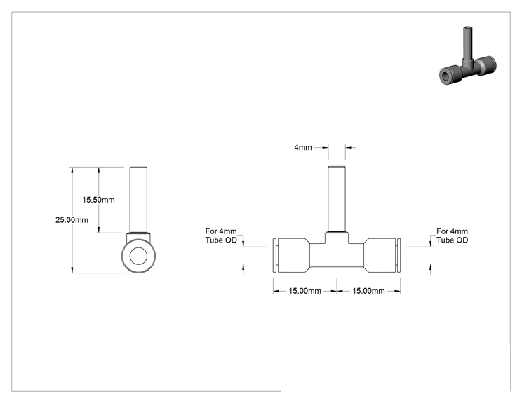 Teknik Çizim - Sıcak İçme Suyu Bas-Bağlan Bağlantı Elemanı, 4 mm Dış Çaplı Boru için T Adaptörü, 4 mm Boru Gövde Dış Çapı